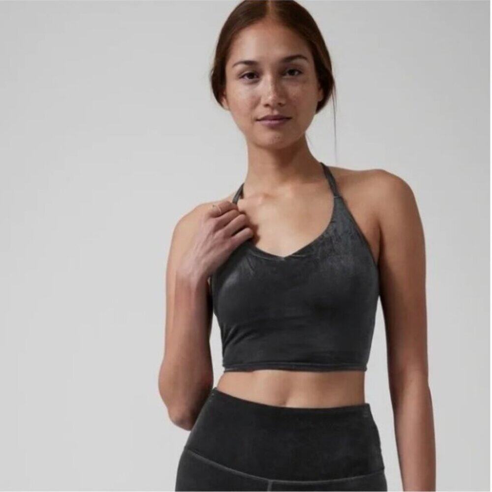 Athleta Elation Velvet Crop Bra Cami Athletic Top Black Athleisure Yoga Ballet
